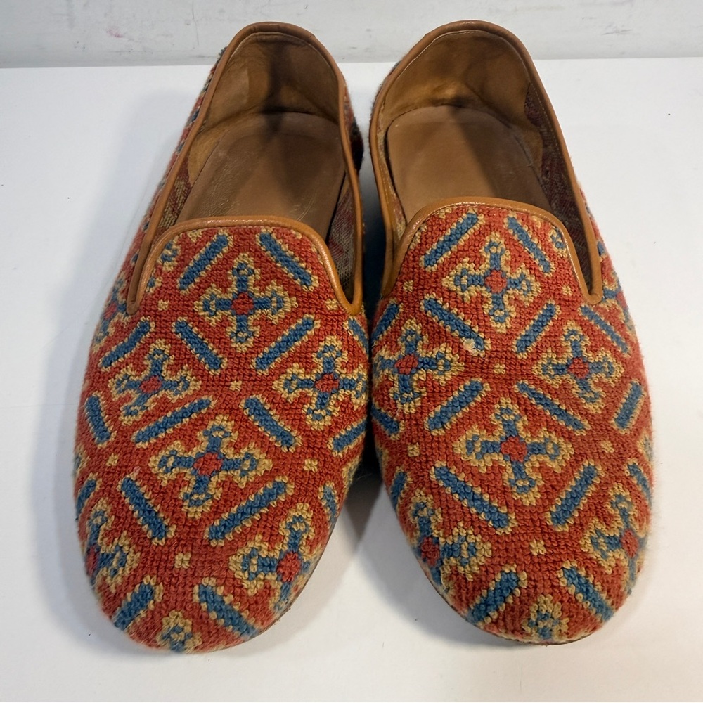Stubbs and Wootton Cuenca Red Needlepoint Slipper Shoes Leather Trim Size 7